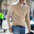 Pull homme col zippé, poignets côtelés, neuf coloris, kaki
