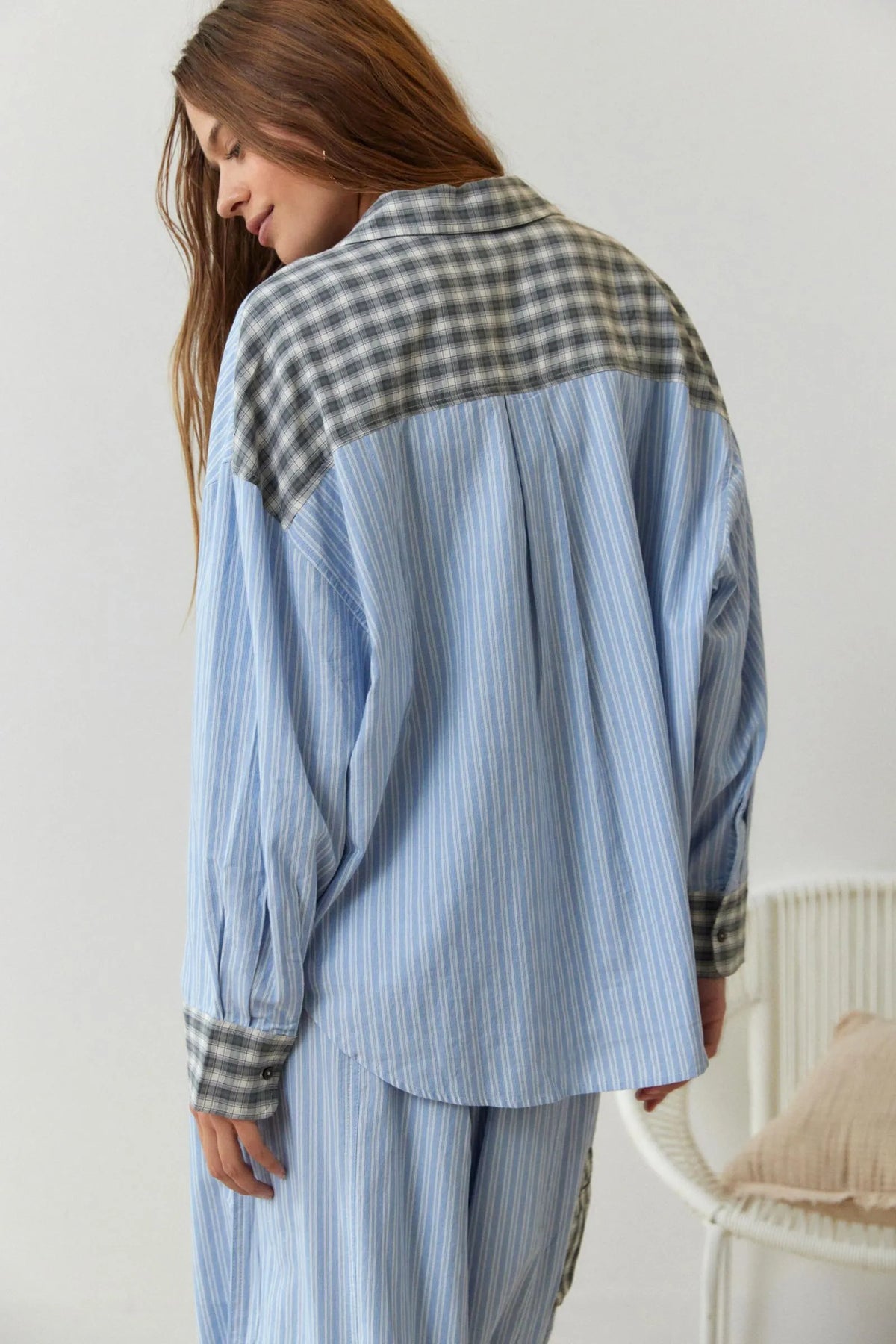 Pyjama femme deux pièces en coton, coupe ample, brun ou bleu