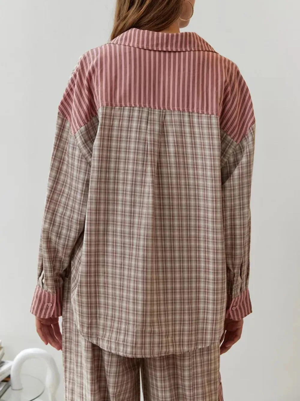 Pyjama femme deux pièces en coton, coupe ample, brun ou bleu