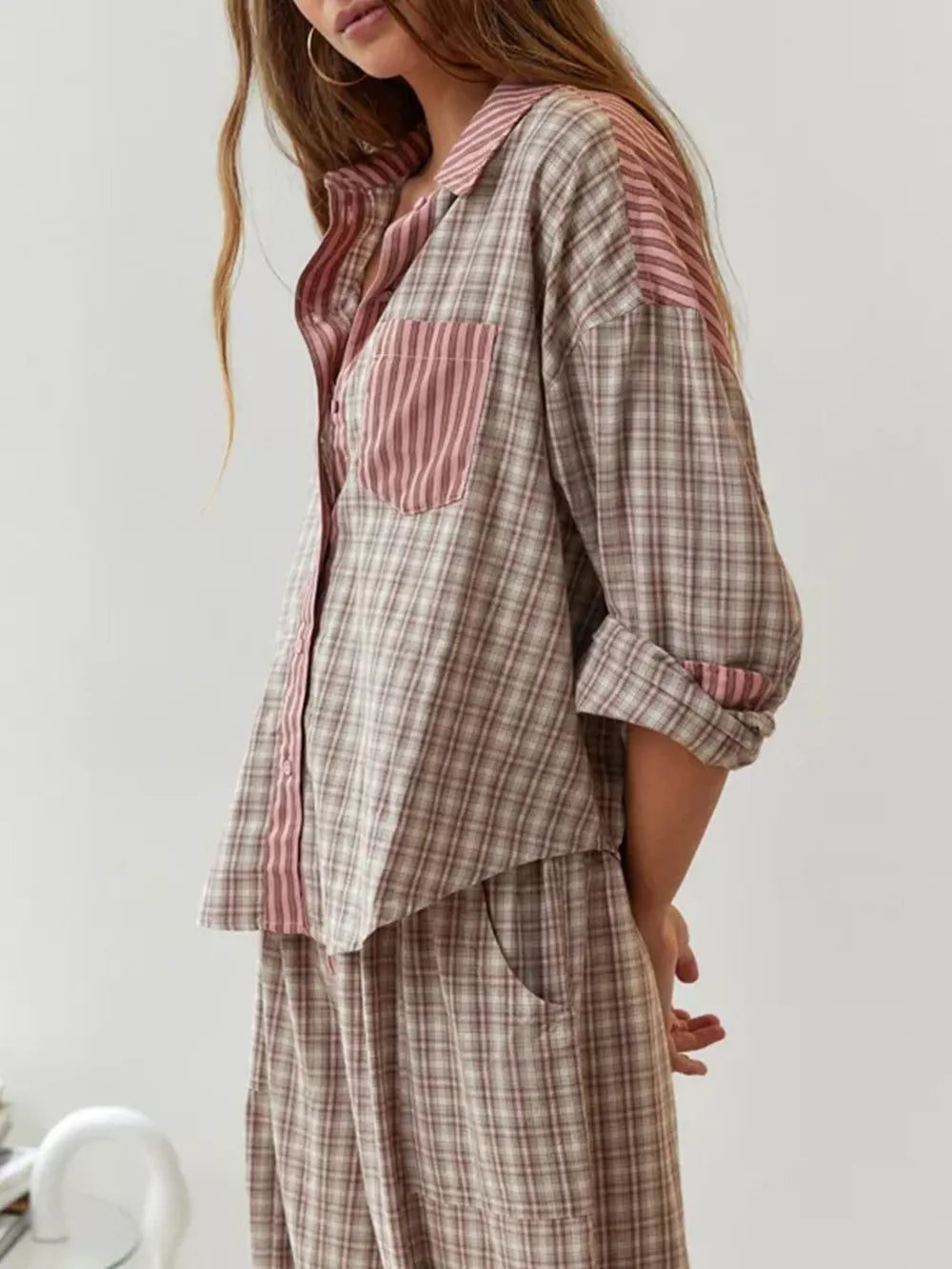 Pyjama femme chaud à coupe ample, marron ou bleu, du S au 2XL, marron
