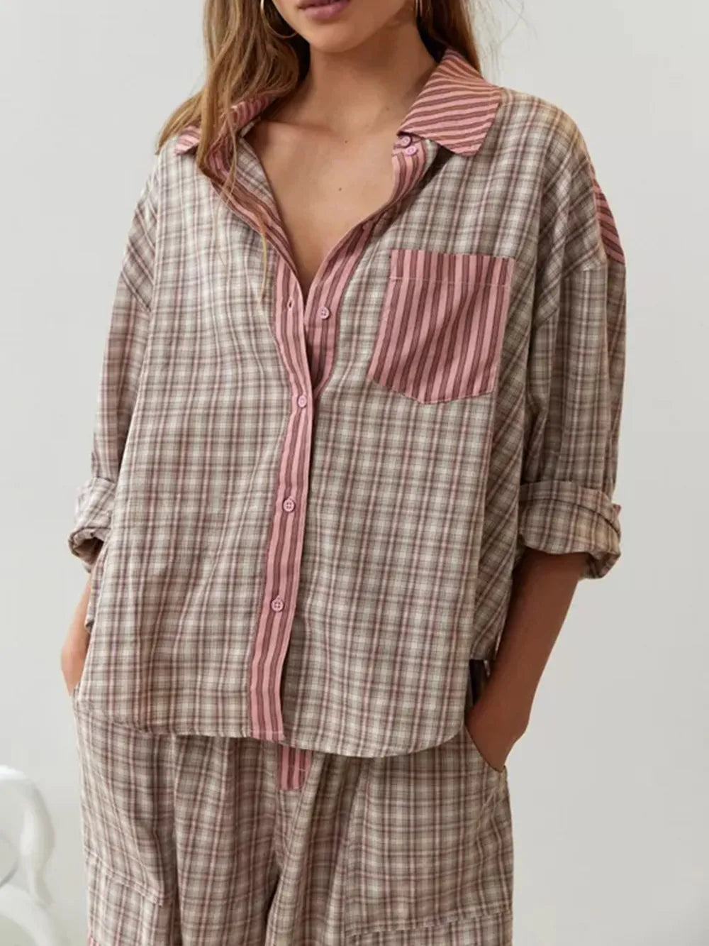 Pyjama femme chaud à coupe ample, marron ou bleu, du S au 2XL