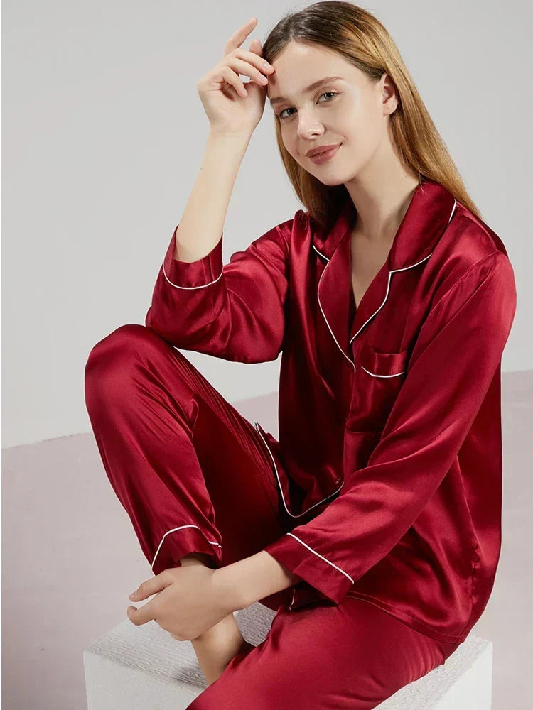 Pyjama en satin femme, chemise boutonnée et pantalon, six coloris