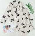 Pyjama femme à chemise boutonnée, imprimé rubans, manches longues, blanc