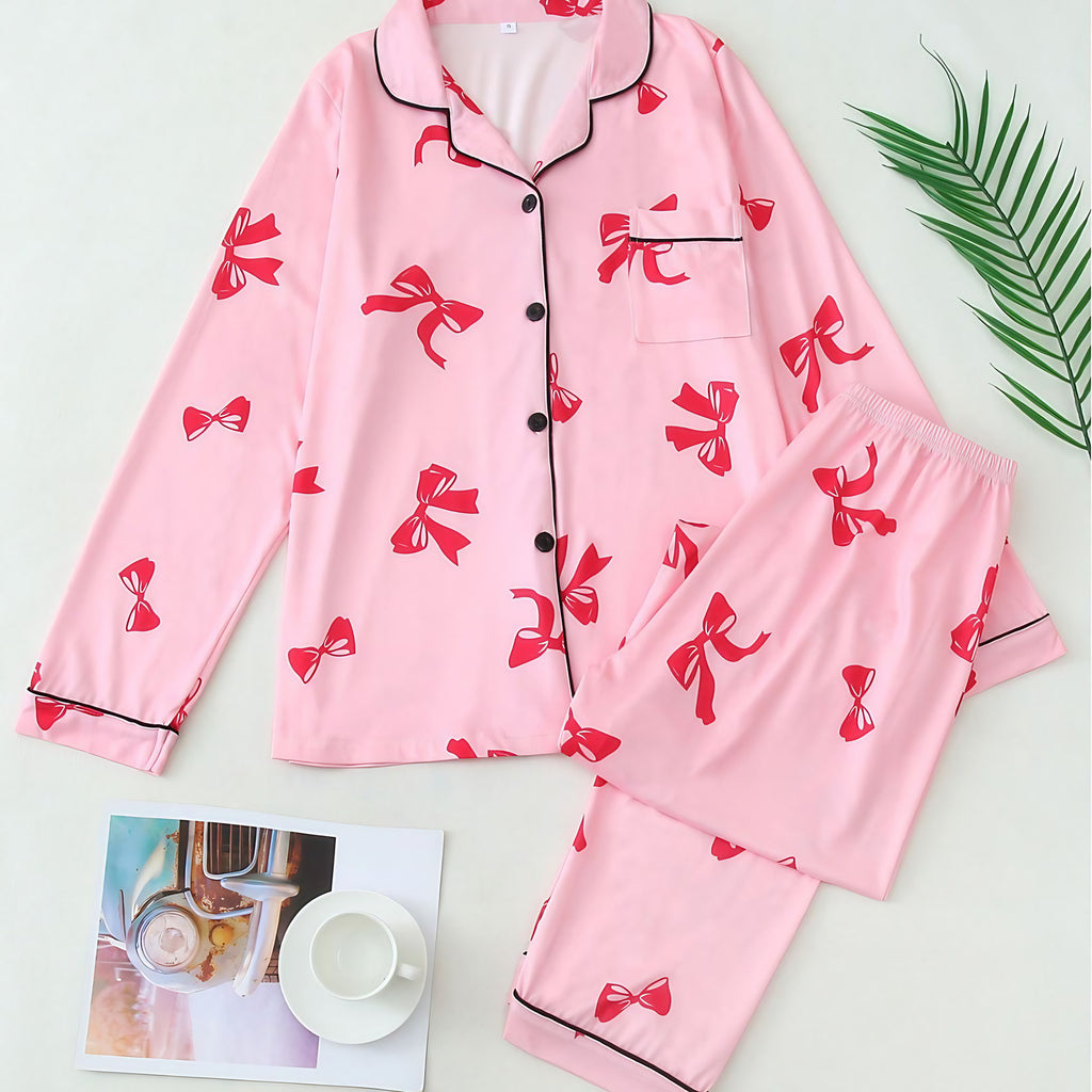 Pyjama femme à chemise boutonnée, imprimé rubans, manches longues, rose