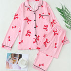 Pyjama femme à chemise boutonnée, imprimé rubans, manches longues, rose
