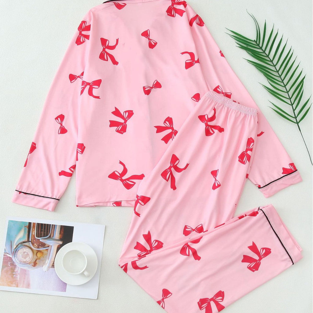 Pyjama femme à chemise boutonnée, imprimé rubans, manches longues