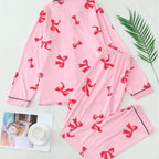 Pyjama femme à chemise boutonnée, imprimé rubans, manches longues