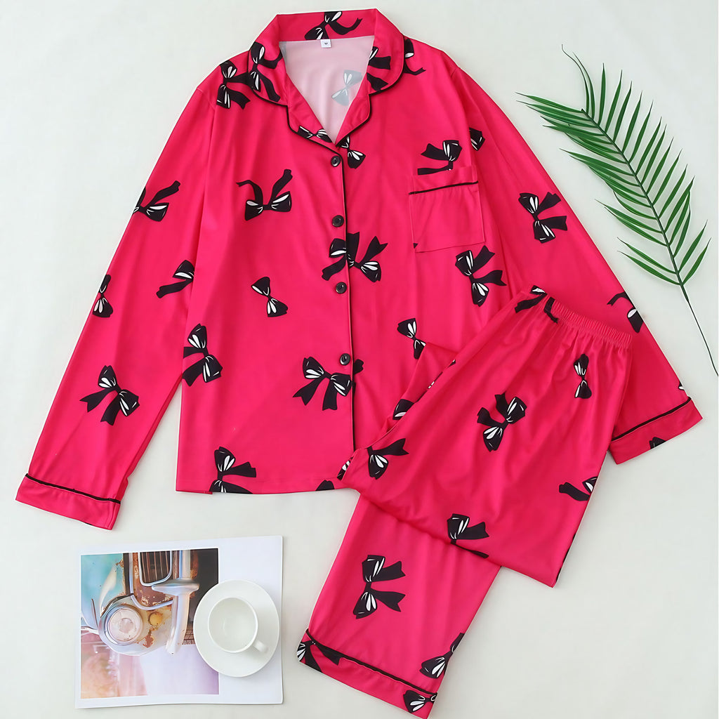 Pyjama femme à chemise boutonnée, imprimé rubans, manches longues, rouge