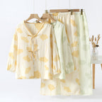 Pyjama femme léger à motif feuilles de ginkgo, taille élastique