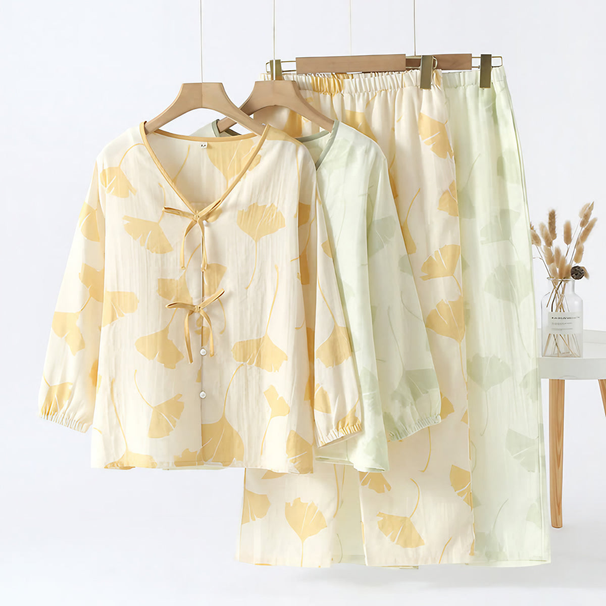 Pyjama femme léger à motif feuilles de ginkgo, taille élastique