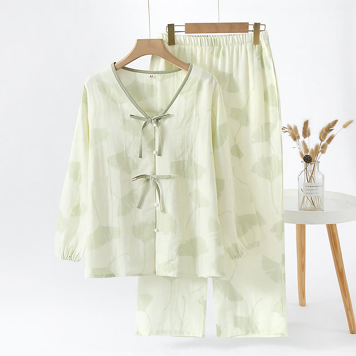 Pyjama femme léger à motif feuilles de ginkgo, taille élastique, vert clair