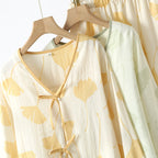 Pyjama femme léger à motif feuilles de ginkgo, taille élastique