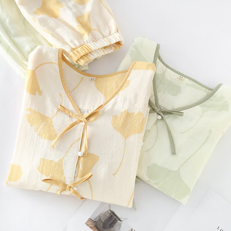 Pyjama femme léger à motif feuilles de ginkgo, taille élastique