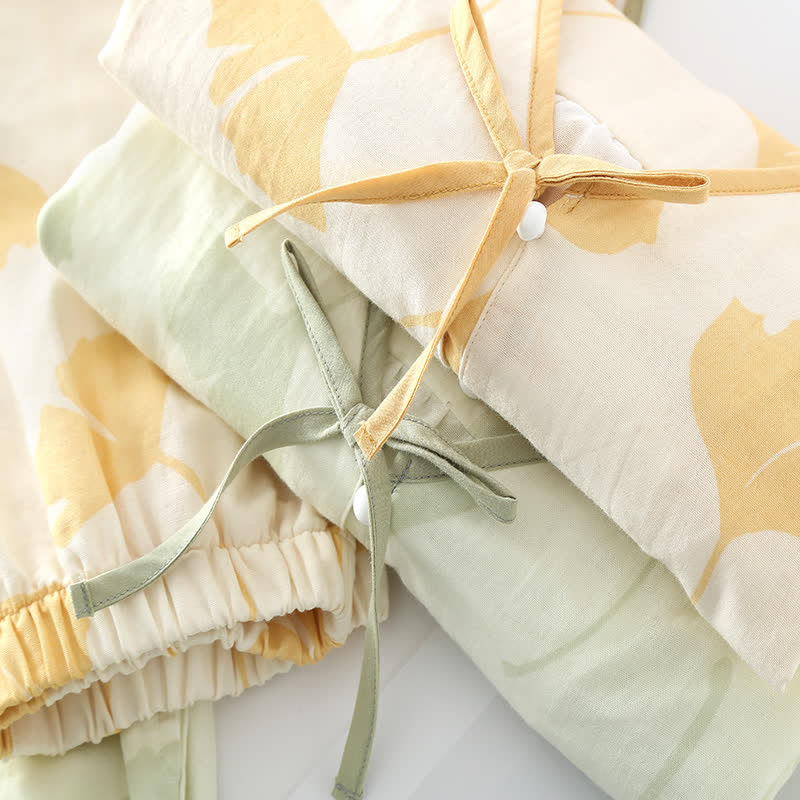 Pyjama femme léger à motif feuilles de ginkgo, taille élastique