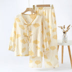 Pyjama femme léger à motif feuilles de ginkgo, taille élastique, jaune