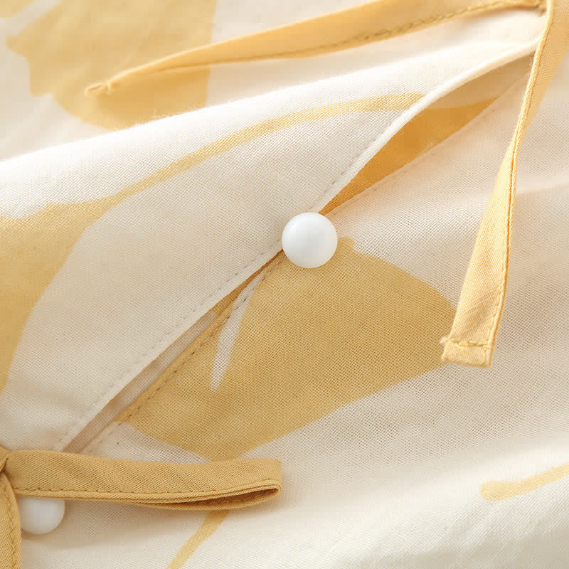 Pyjama femme léger à motif feuilles de ginkgo, taille élastique
