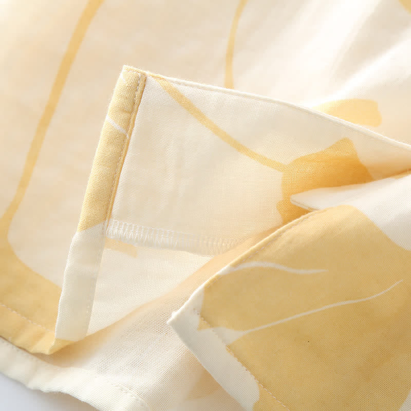 Pyjama femme léger à motif feuilles de ginkgo, taille élastique