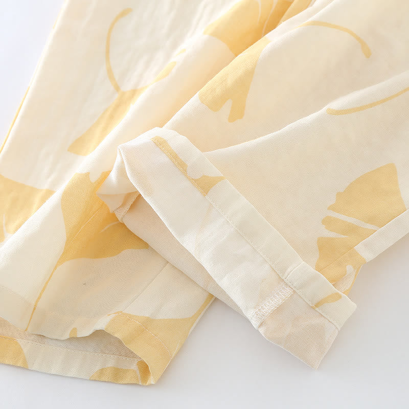 Pyjama femme léger à motif feuilles de ginkgo, taille élastique
