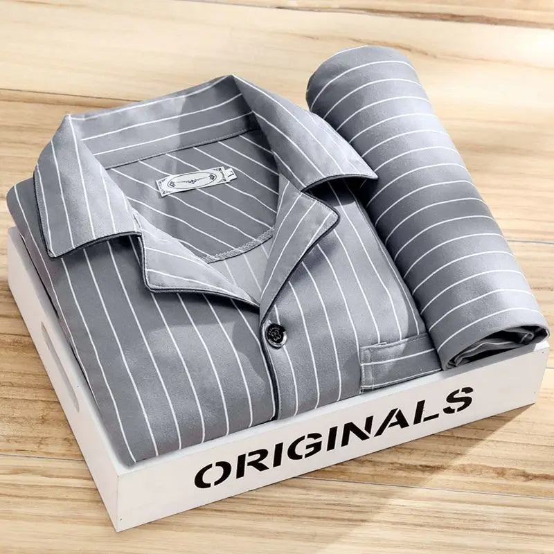 Pyjama homme rayé à manches longues, coupe ample, du L au 3XL, gris perle