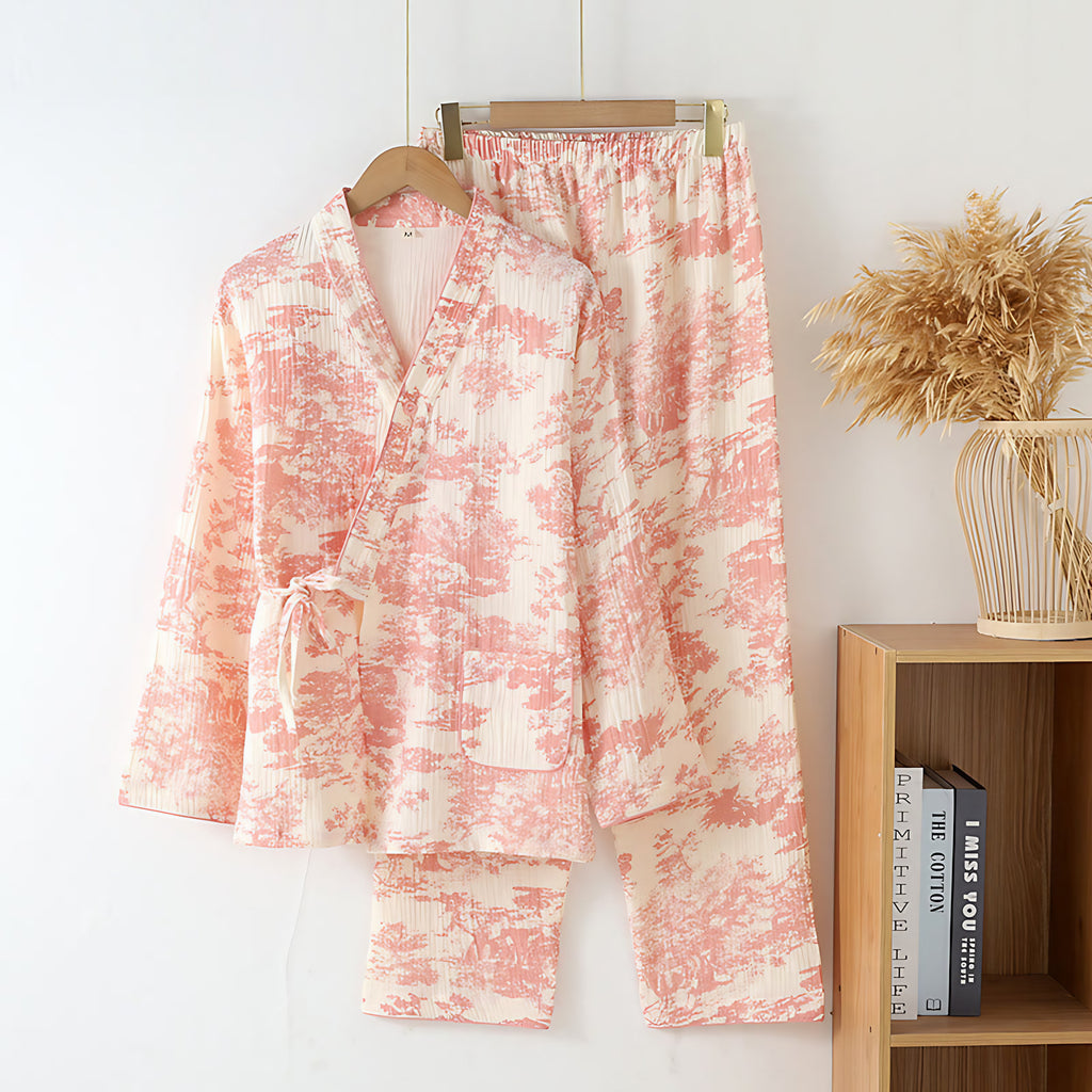 Pyjama kimono femme deux pièces, pantalon ample, du M au XL, rose corail
