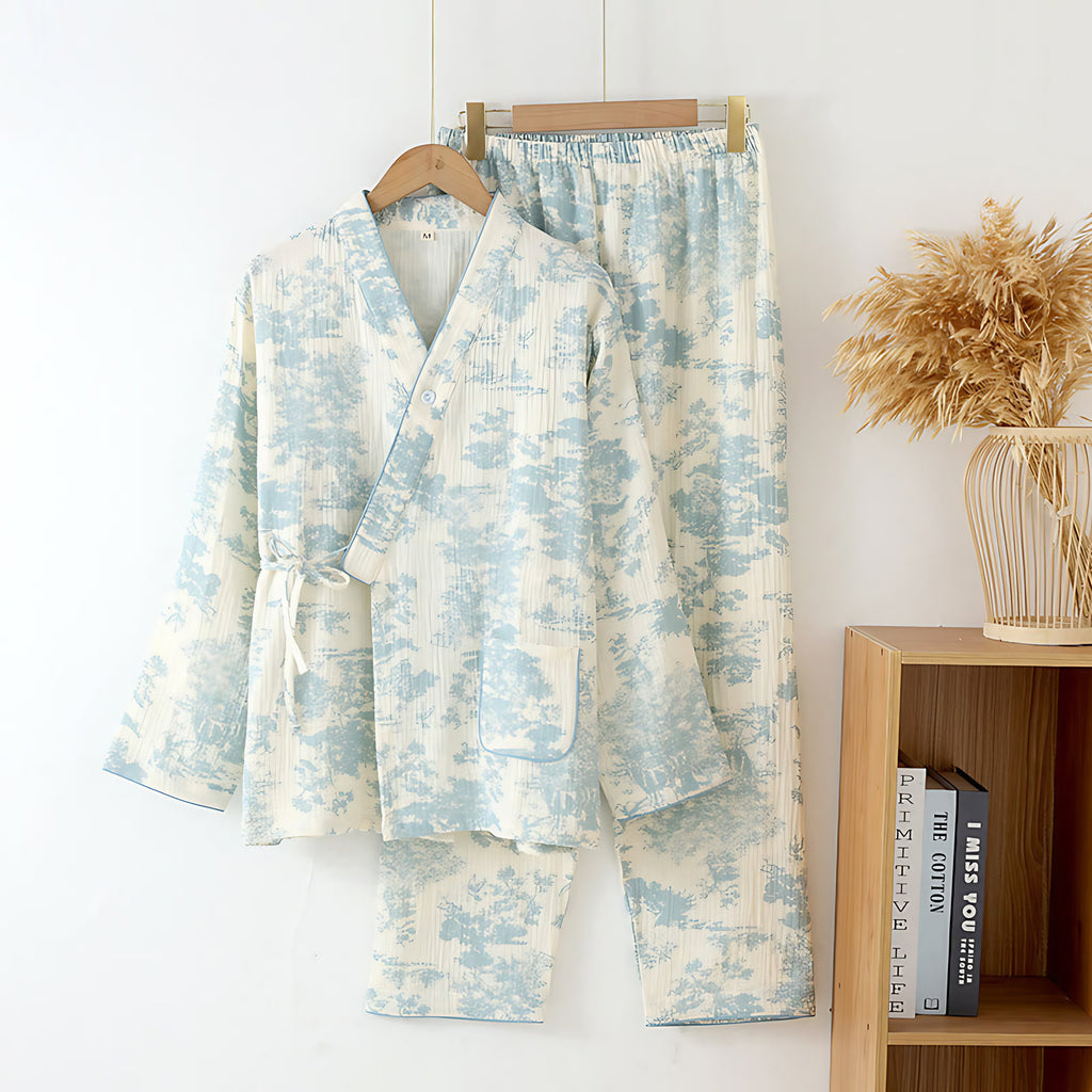 Pyjama kimono femme deux pièces, pantalon ample, du M au XL, bleu clair
