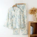 Pyjama kimono femme deux pièces, pantalon ample, du M au XL, bleu clair
