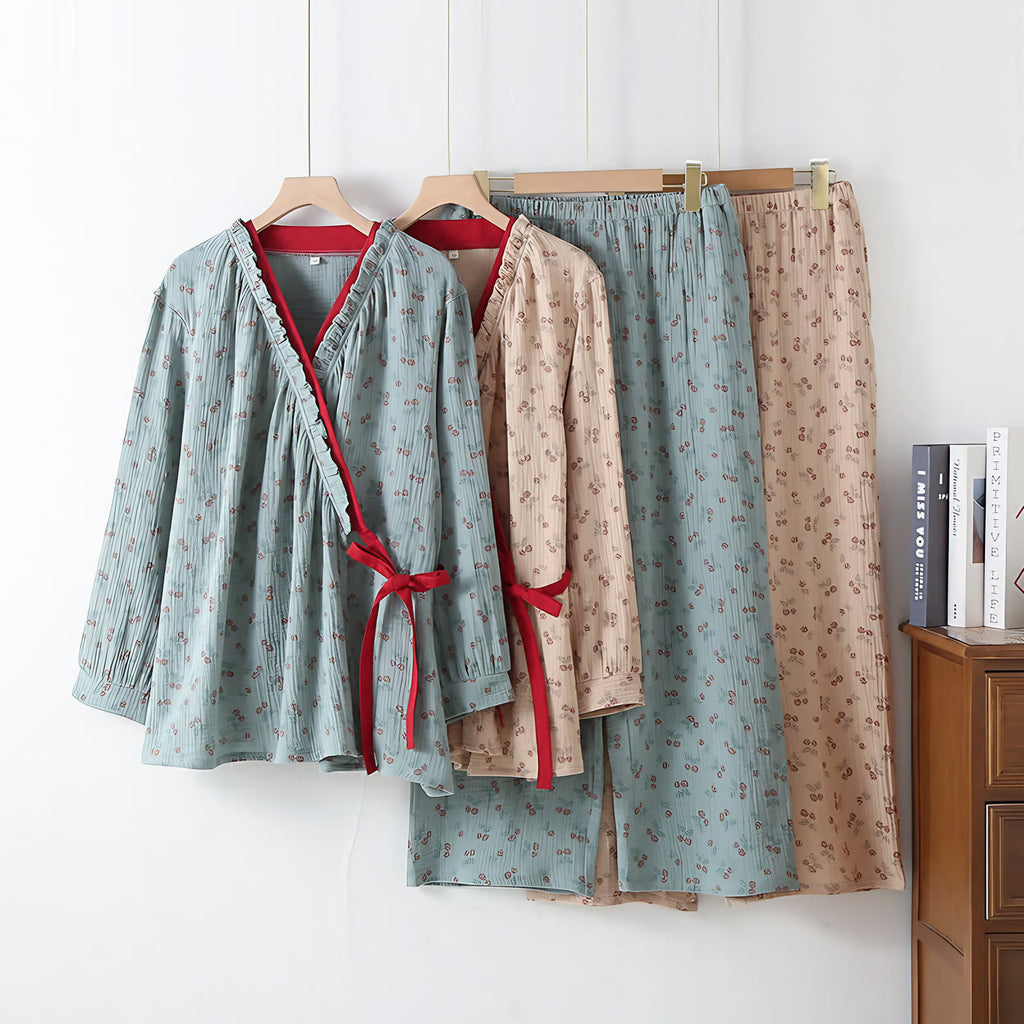 Pyjama femme haut kimono, gaze de coton, imprimé fleuri