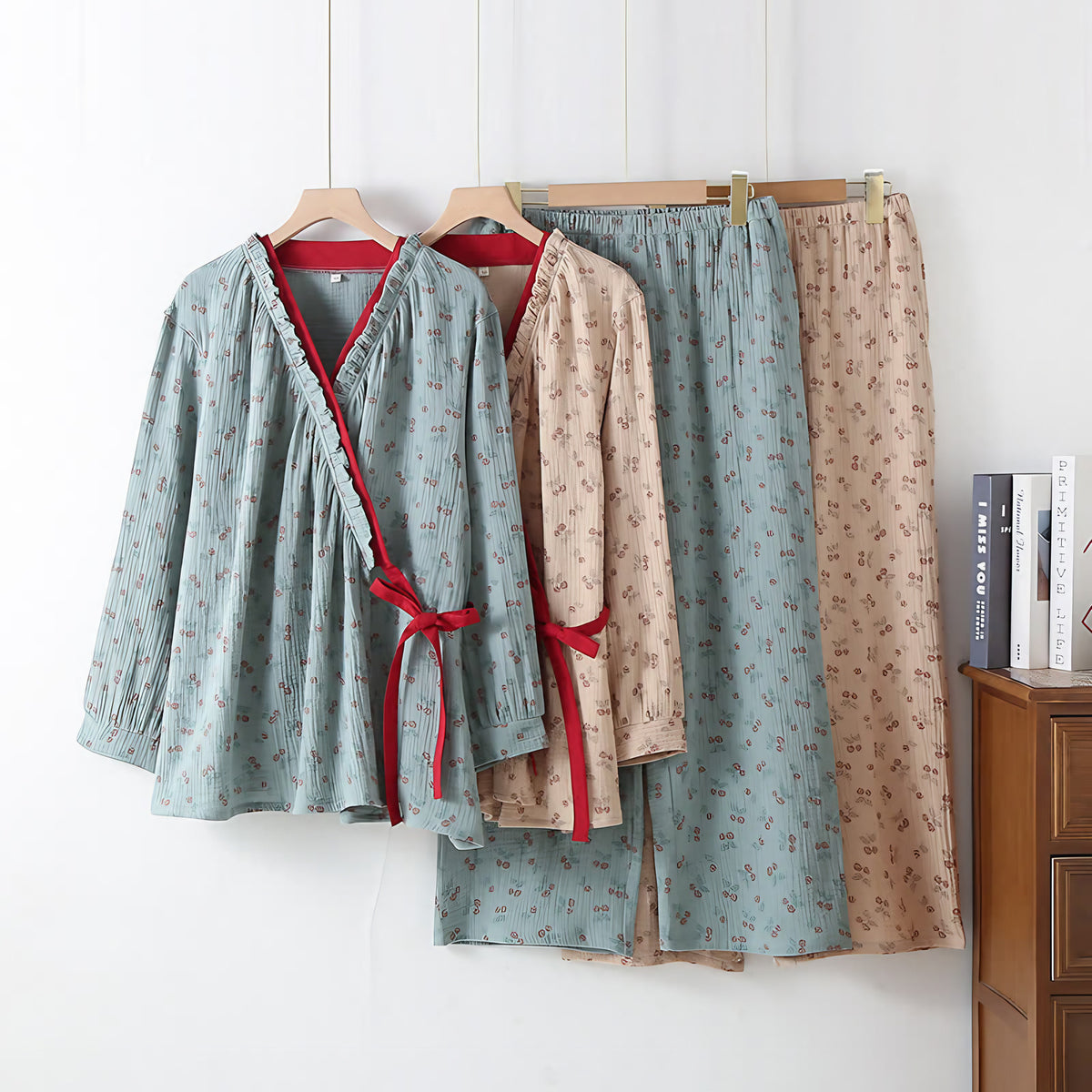 Pyjama femme haut kimono, gaze de coton, imprimé fleuri