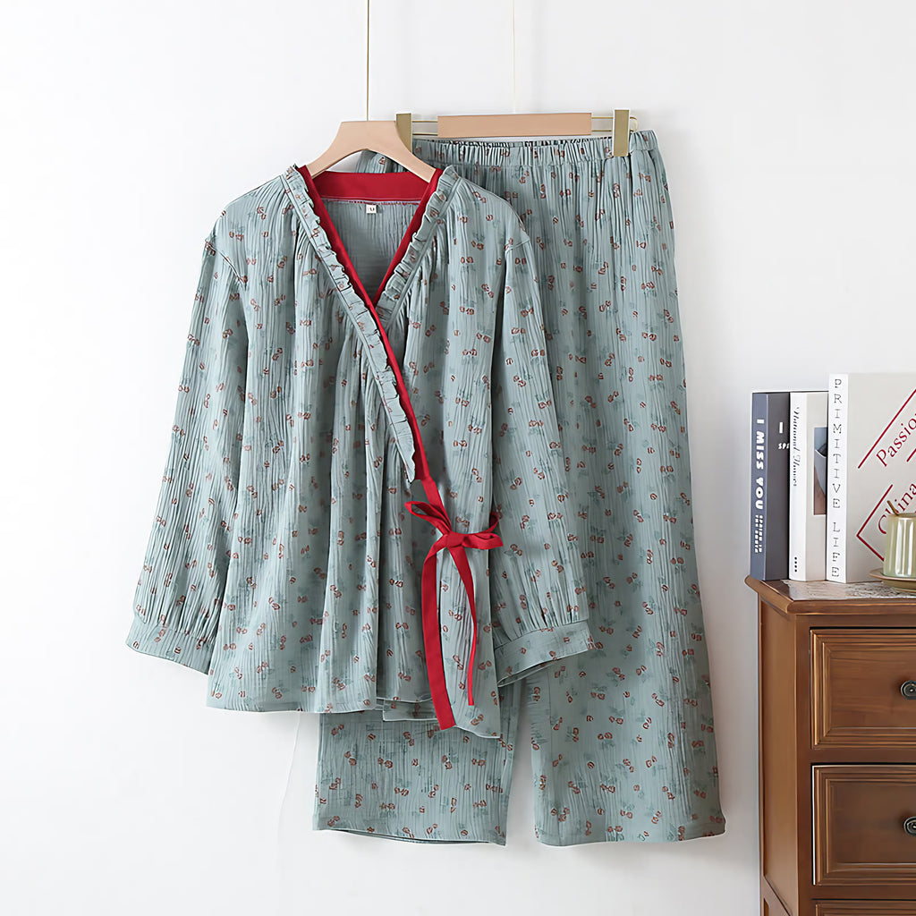 Pyjama femme haut kimono, gaze de coton, imprimé fleuri, bleu vert