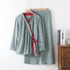 Pyjama femme haut kimono, gaze de coton, imprimé fleuri, bleu vert