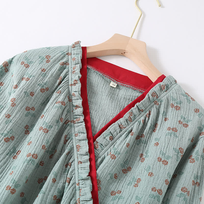 Pyjama femme haut kimono, gaze de coton, imprimé fleuri