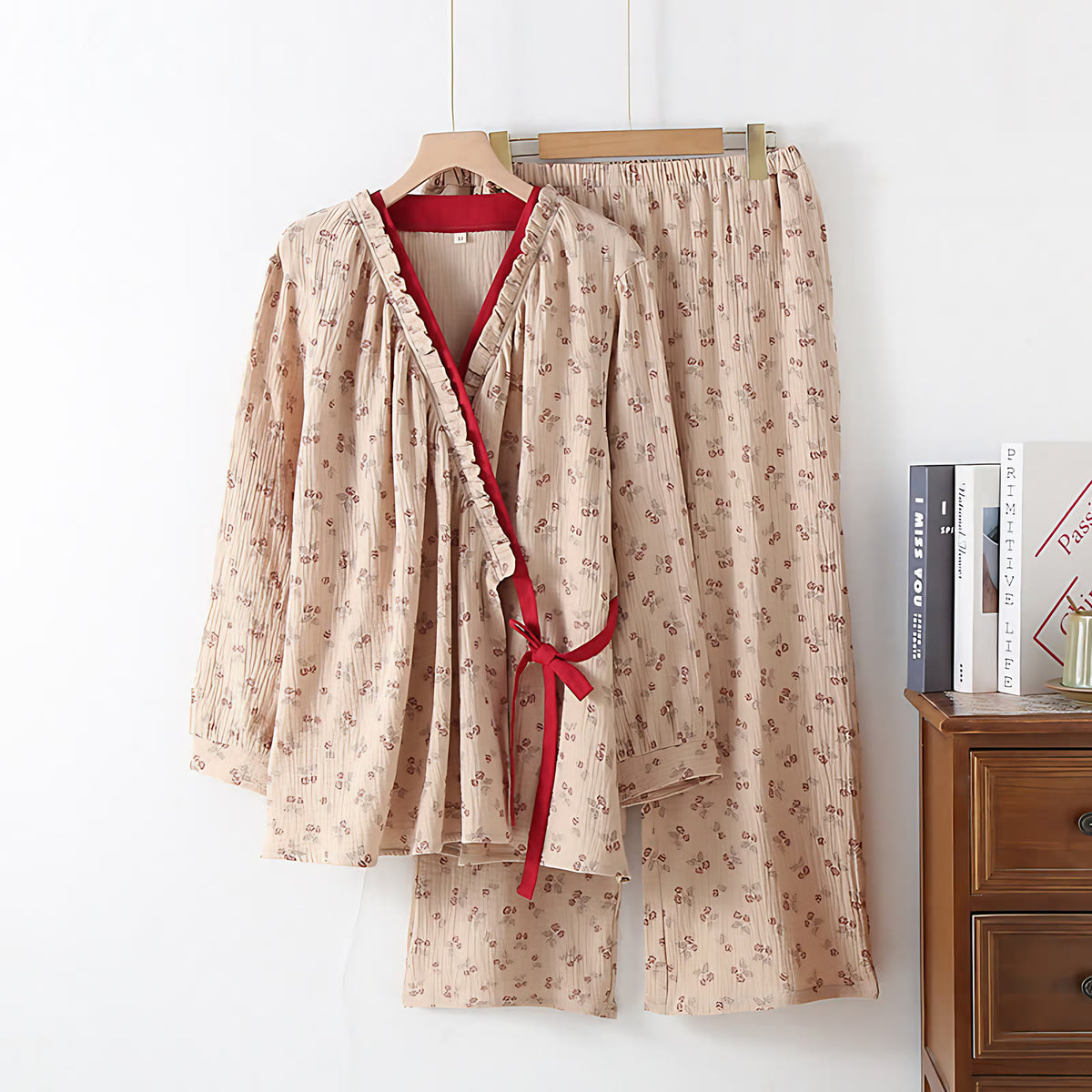 Pyjama femme haut kimono, gaze de coton, imprimé fleuri, beige