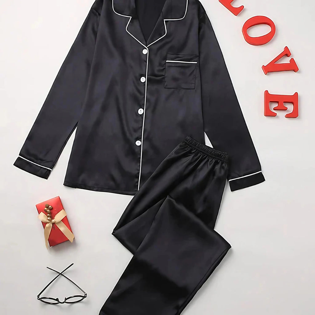 Pyjama en satin femme, coupe ample, dix coloris, du S au 2XL, noir