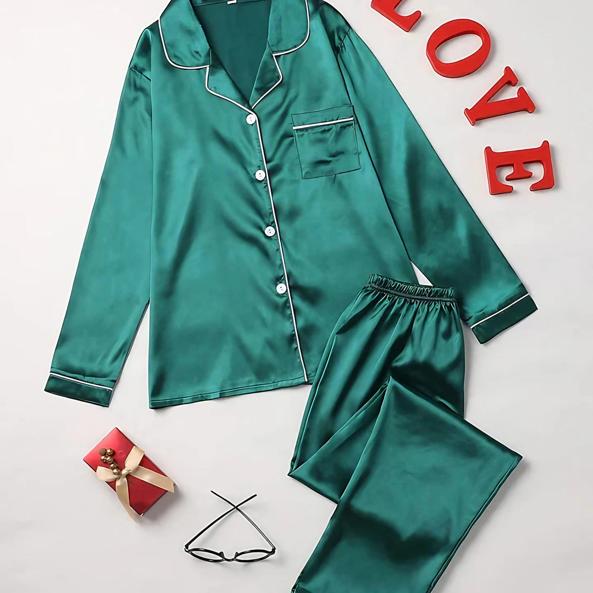 Pyjama en satin femme, coupe ample, dix coloris, du S au 2XL, vert