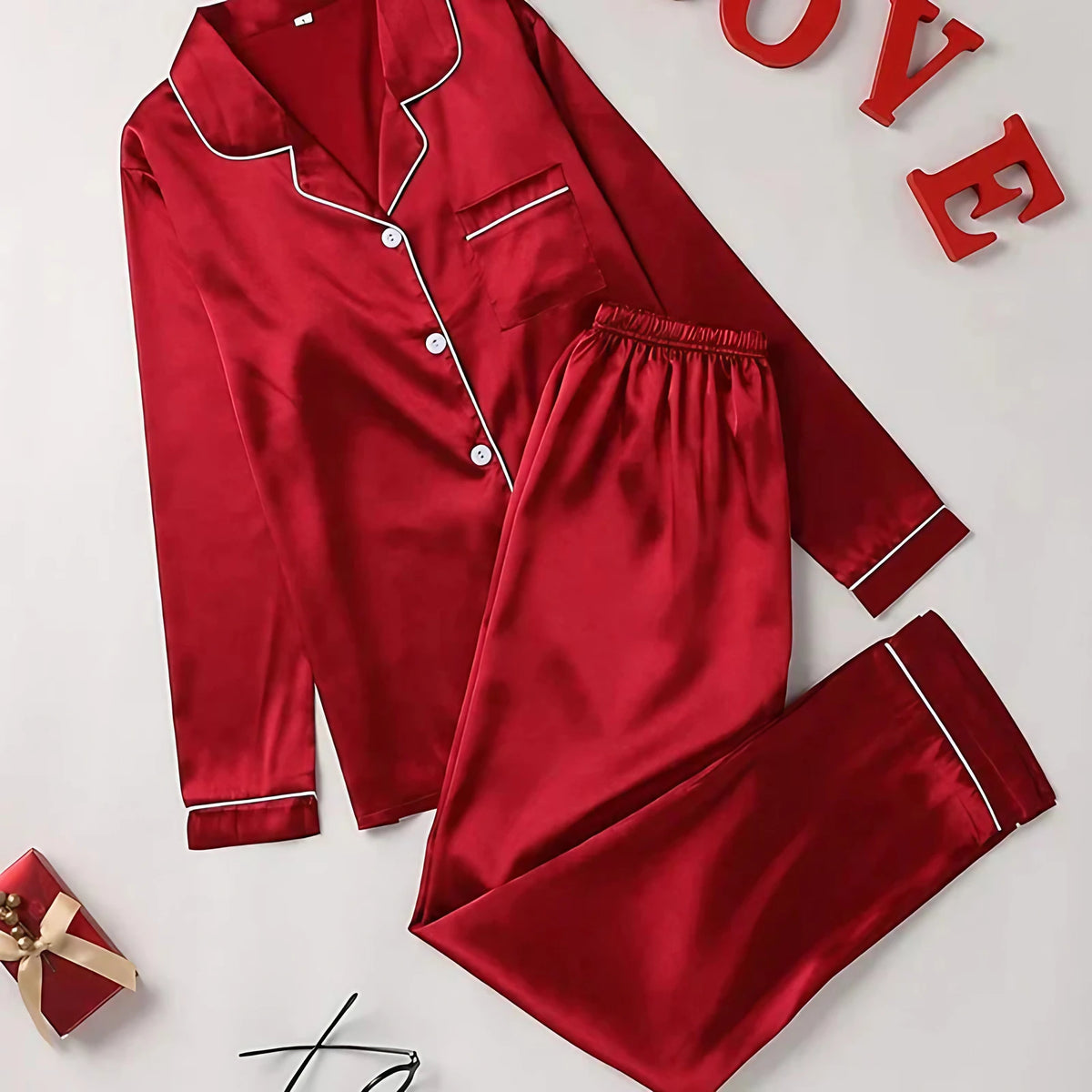 Pyjama en satin femme, coupe ample, dix coloris, du S au 2XL, rouge