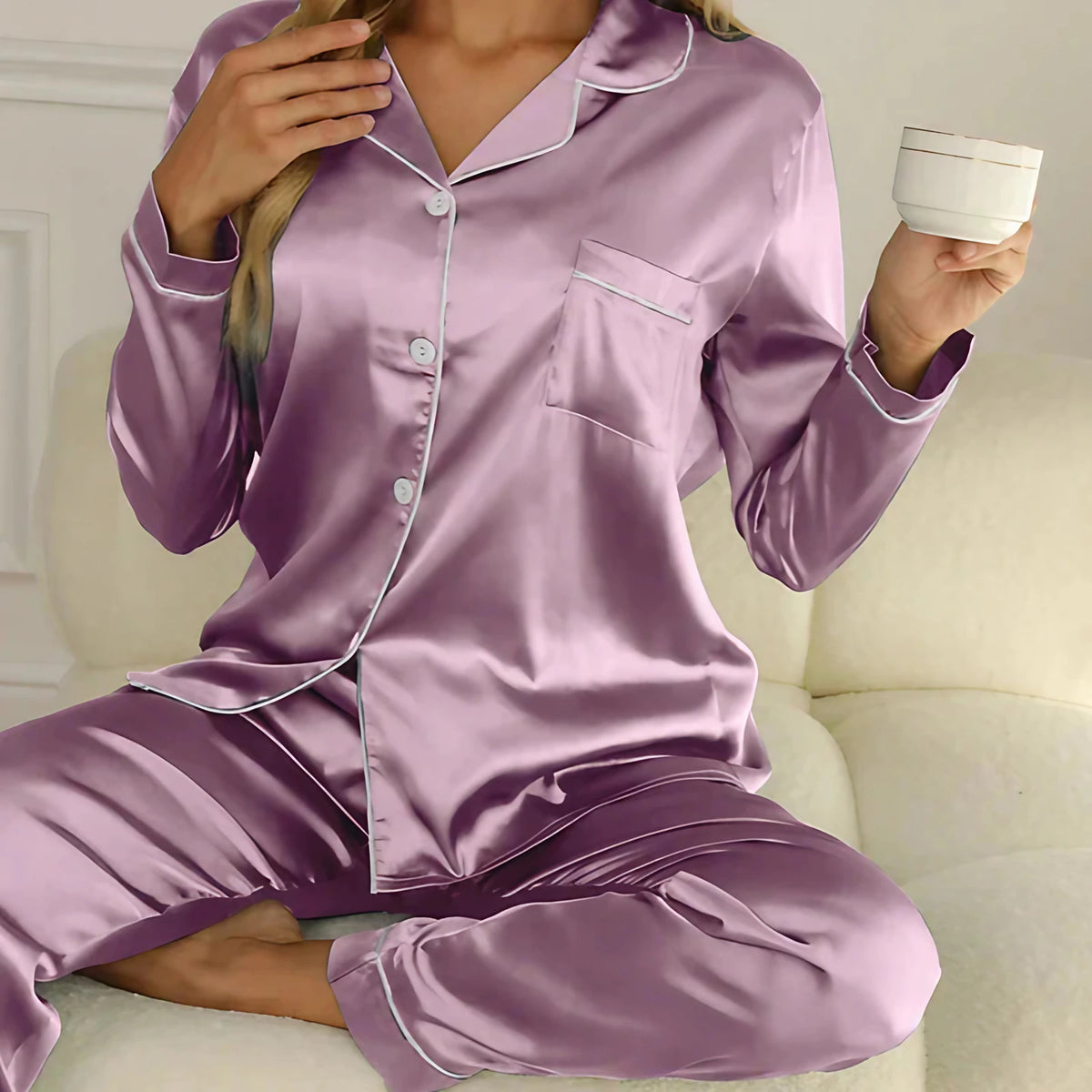 Pyjama en satin femme, coupe ample, dix coloris, du S au 2XL, lavande