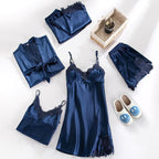 Pyjama satiné femme cinq pièces à dentelle, avec robe de chambre, bleu