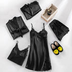 Pyjama satiné femme cinq pièces à dentelle, avec robe de chambre, noir