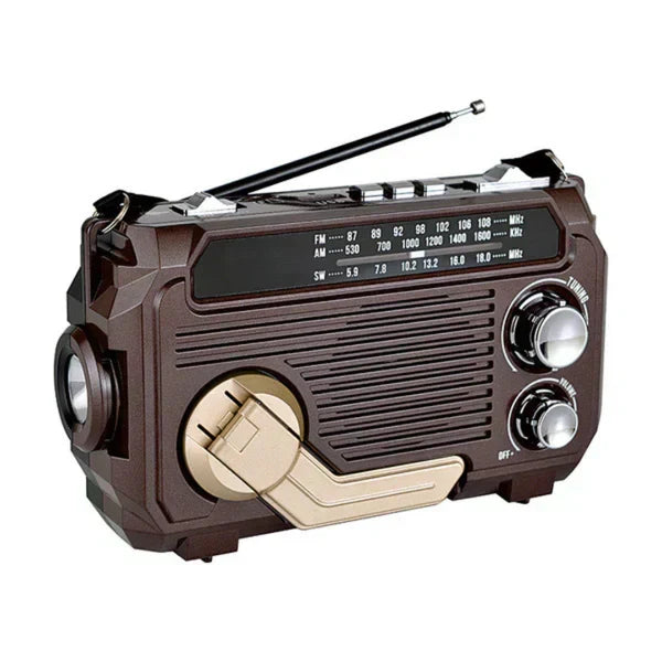 Radio d'urgence solaire et à manivelle, lampe LED, batterie 2500 mAh, marron foncé