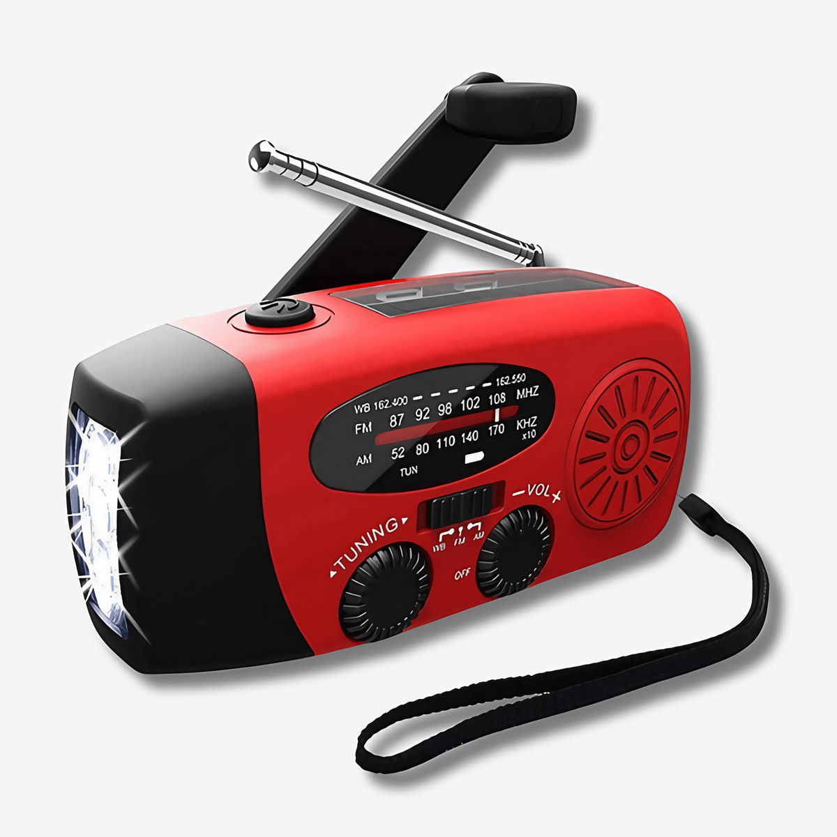 Radio d'urgence solaire et à manivelle, lampe et batterie 2000 mAh, rouge
