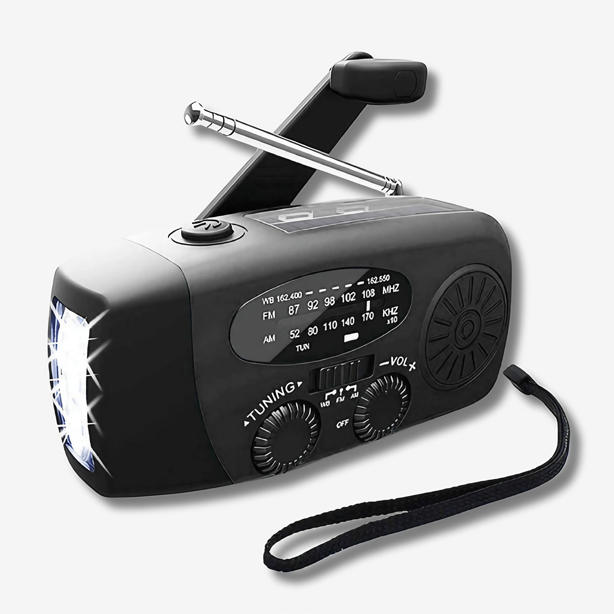 Radio d'urgence solaire et à manivelle, lampe et batterie 2000 mAh, noir