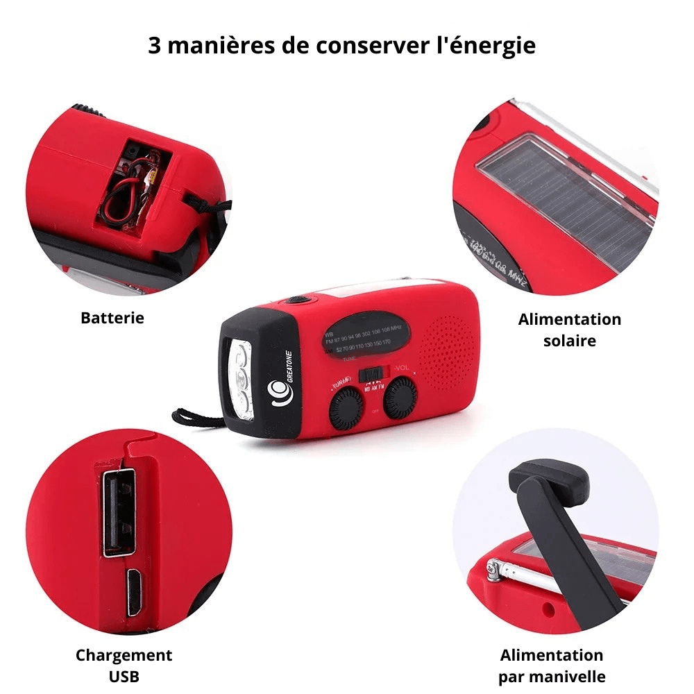 Radio d'urgence solaire et à manivelle, lampe et batterie 2000 mAh