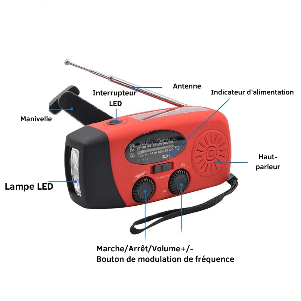 Radio d'urgence solaire et à manivelle, lampe et batterie 2000 mAh