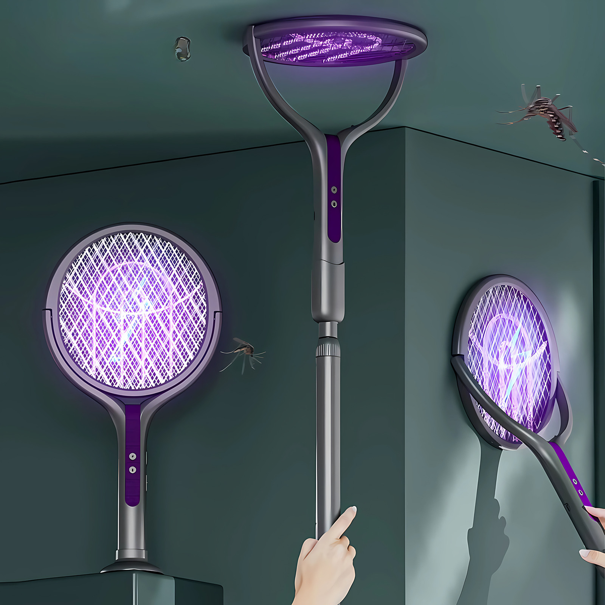 Raquette anti-moustiques électrique 2 en 1 avec lampe UV