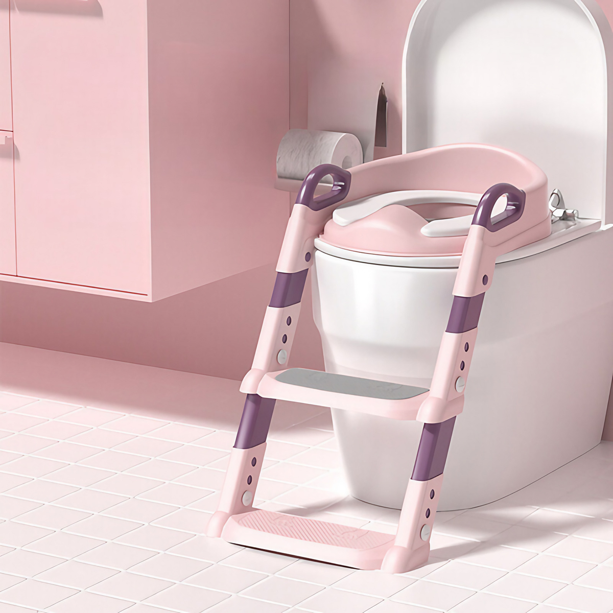 Réducteur de toilette enfant avec marches, pliable, rose