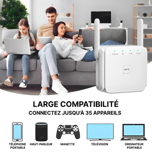 Répéteur WiFi à brancher sur prise, avec antenne, blanc ou noir