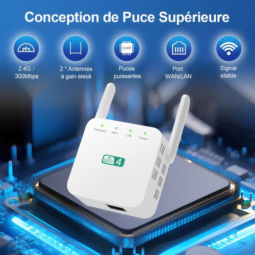Répéteur WiFi à brancher sur prise, avec antenne, blanc ou noir