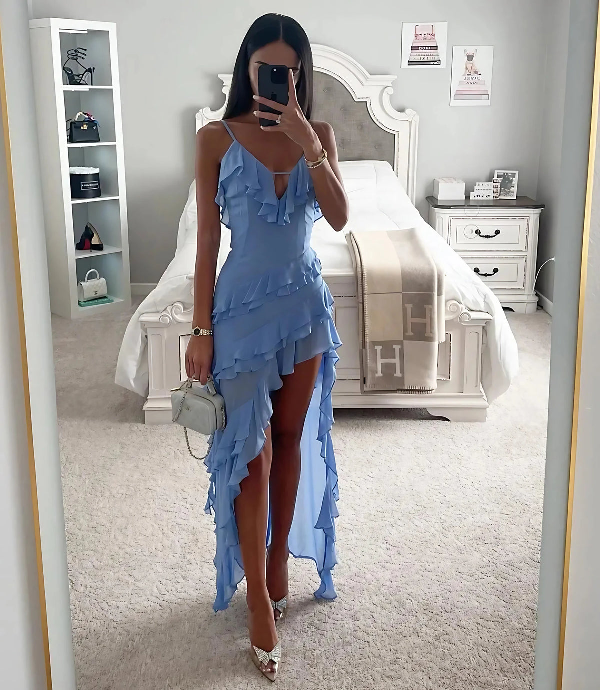 Robe asymétrique à volants et fente latérale, bleue, bleu