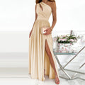 Robe longue asymétrique femme à fente haute, beige, rouge ou noir, beige