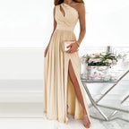Robe longue asymétrique femme à fente haute, beige, rouge ou noir, beige